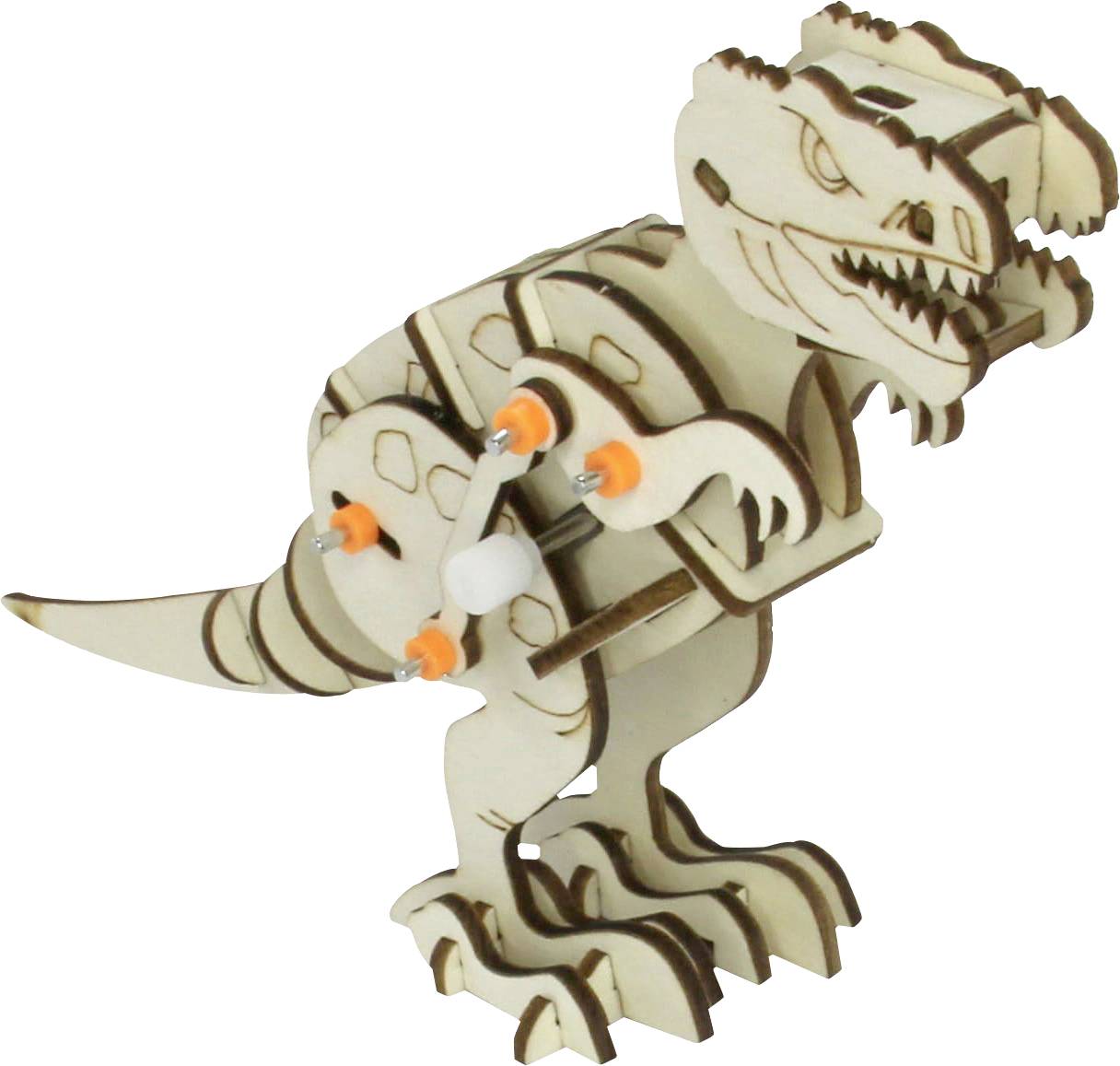 Dřevěný model dinosaura s pohyblivými klouby, detailně zdobený vyřezávanými prvky, stojí na dvou nohách.