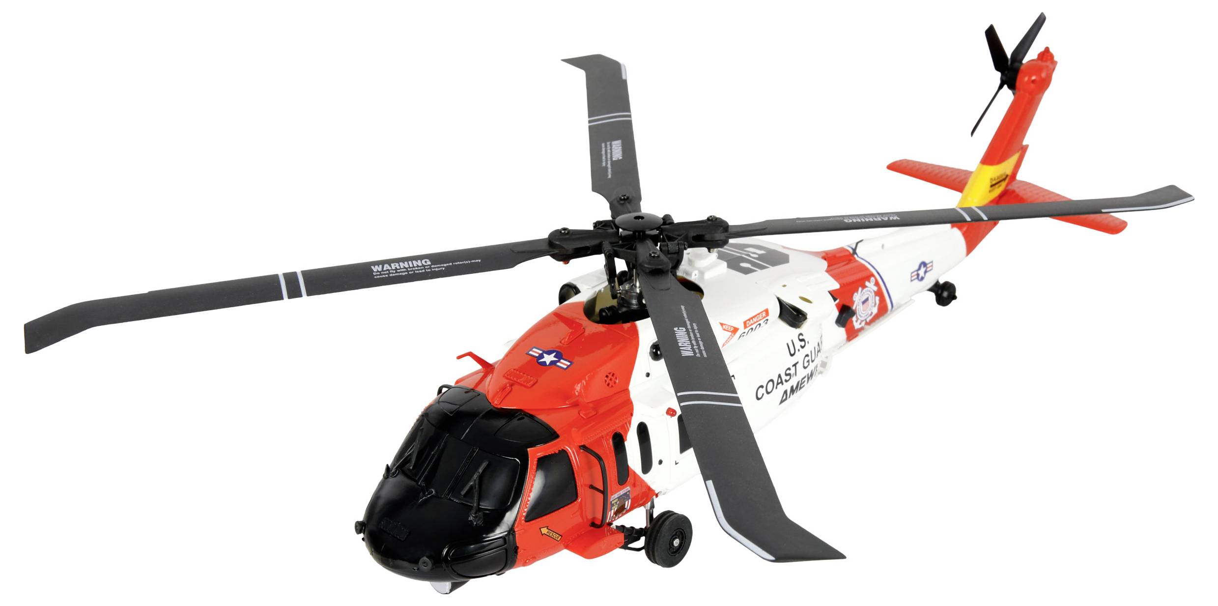 Model vrtulníku Pobřežní stráže Spojených států s červeno-bílým barevným provedením, s rotujícími listy vrtule a detailními značeními.