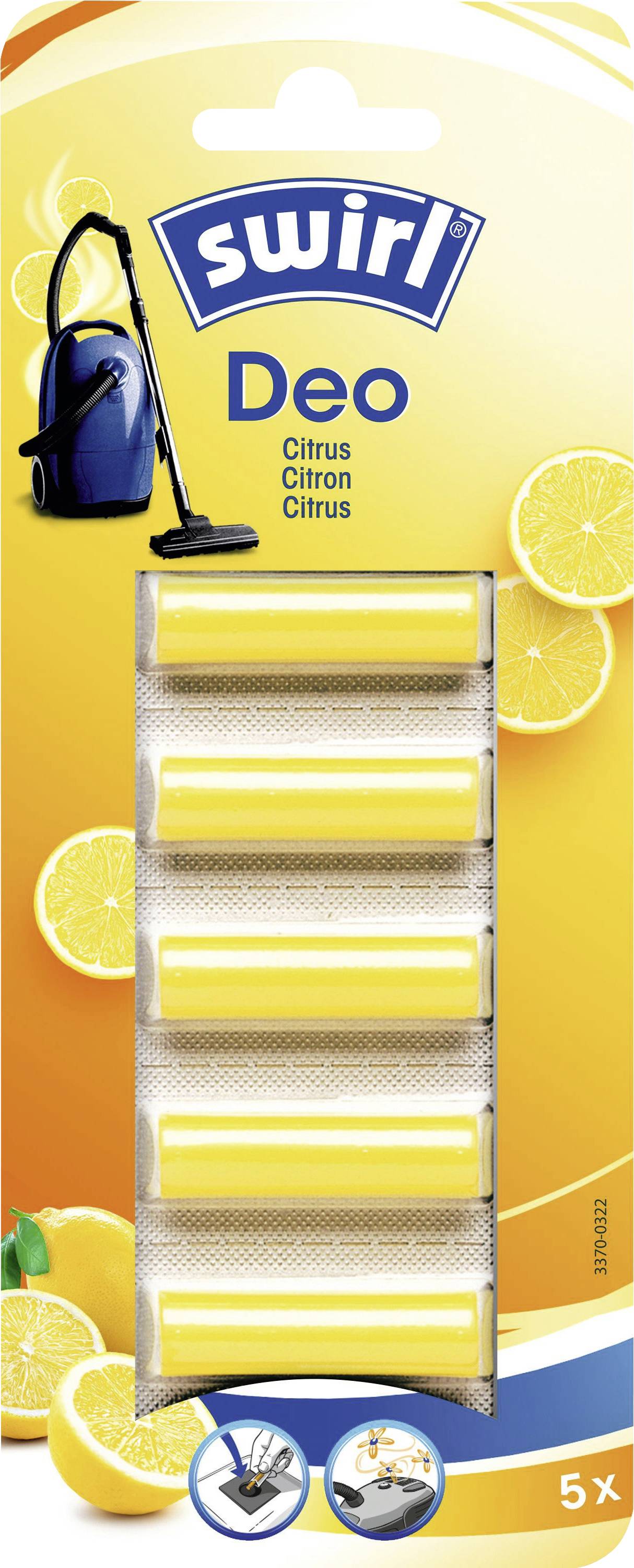 'Swirl Deo Citrus' osvěžovač vůně do vysavače v obalu zobrazující pět žlutých tyčinek s grafickými motivy citrusových plodů, navržený pro zajištění svěží vůně.