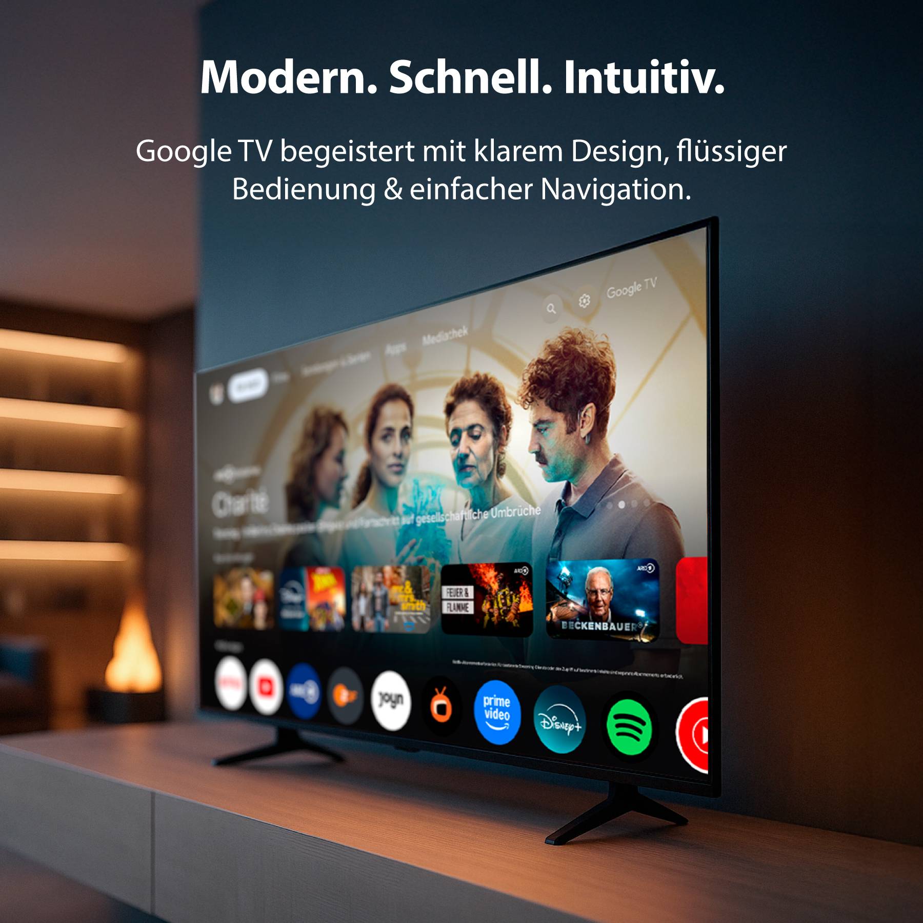 Plochá televize s rozhraním Google TV, zobrazující loga a obsah různých streamovacích služeb. Text: 'Moderní. Rychlé. Intuitivní.'