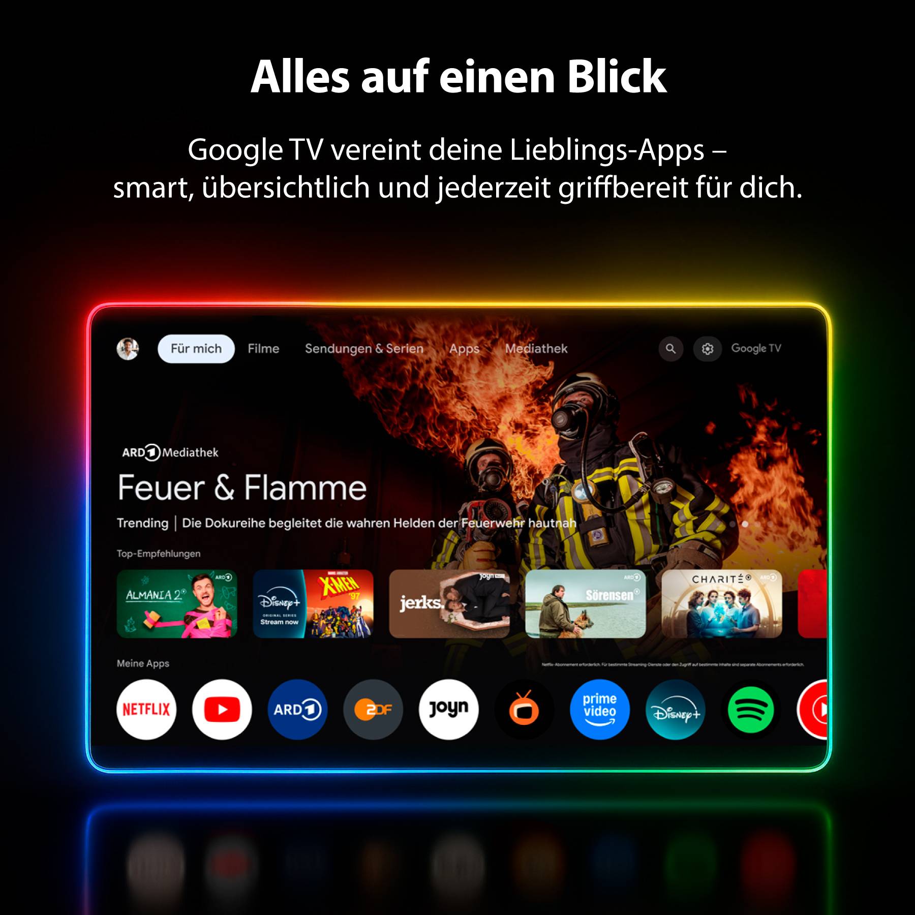 'Vše na první pohled' ukazuje rozhraní Google TV s aplikacemi jako Netflix a Disney+. Upozornění na pohodlný přístup k oblíbeným obsahům.