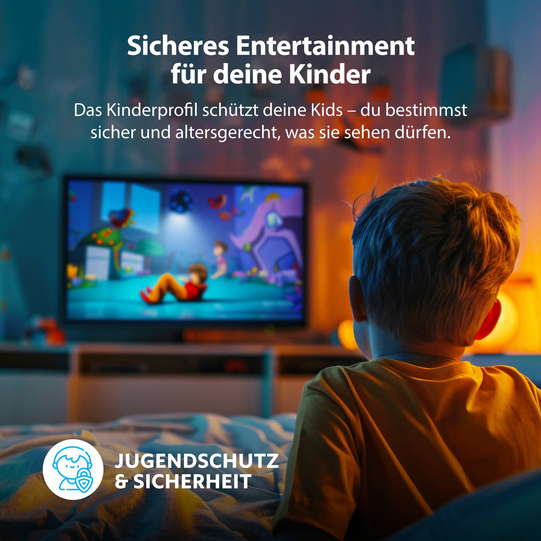 Dítě sedí před televizí s barevnými kreslený. Text: 'Bezpečná zábava pro vaše děti. Ochrana mládeže a bezpečnost'.