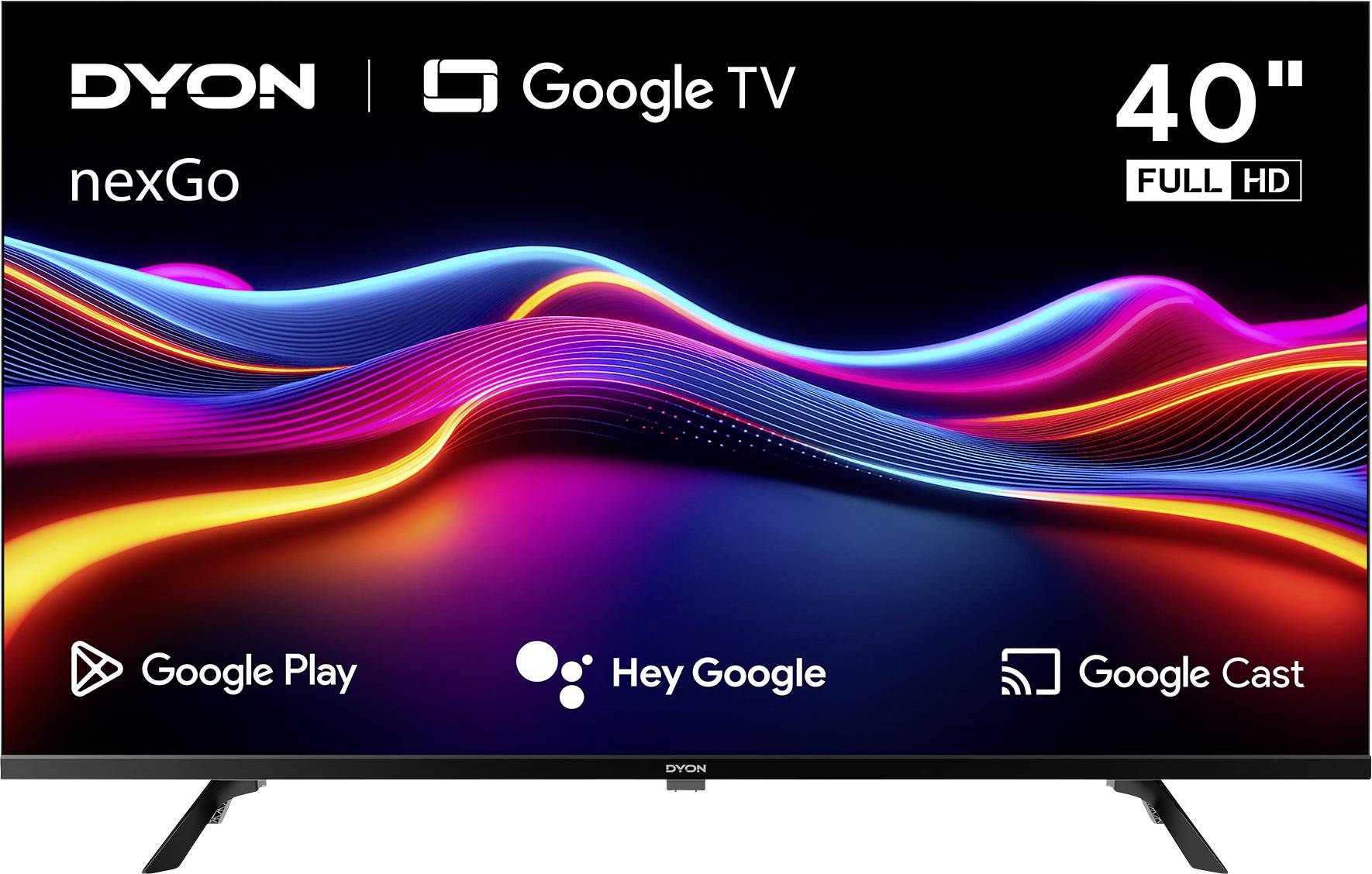40palcová TV Dyon s funkcemi Google TV. Zobrazuje barevné vlnové grafiky. Ukazuje loga Google Play, Hey Google a Google Cast.