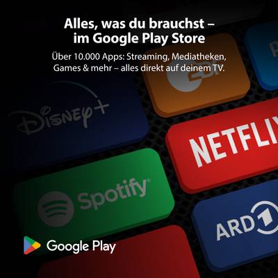 Reklama pro Google Play Store s logy Disney+, Netflix, Spotify a ARD. Hlavní body: Streaming, mediální knihovny, hry na televizi.