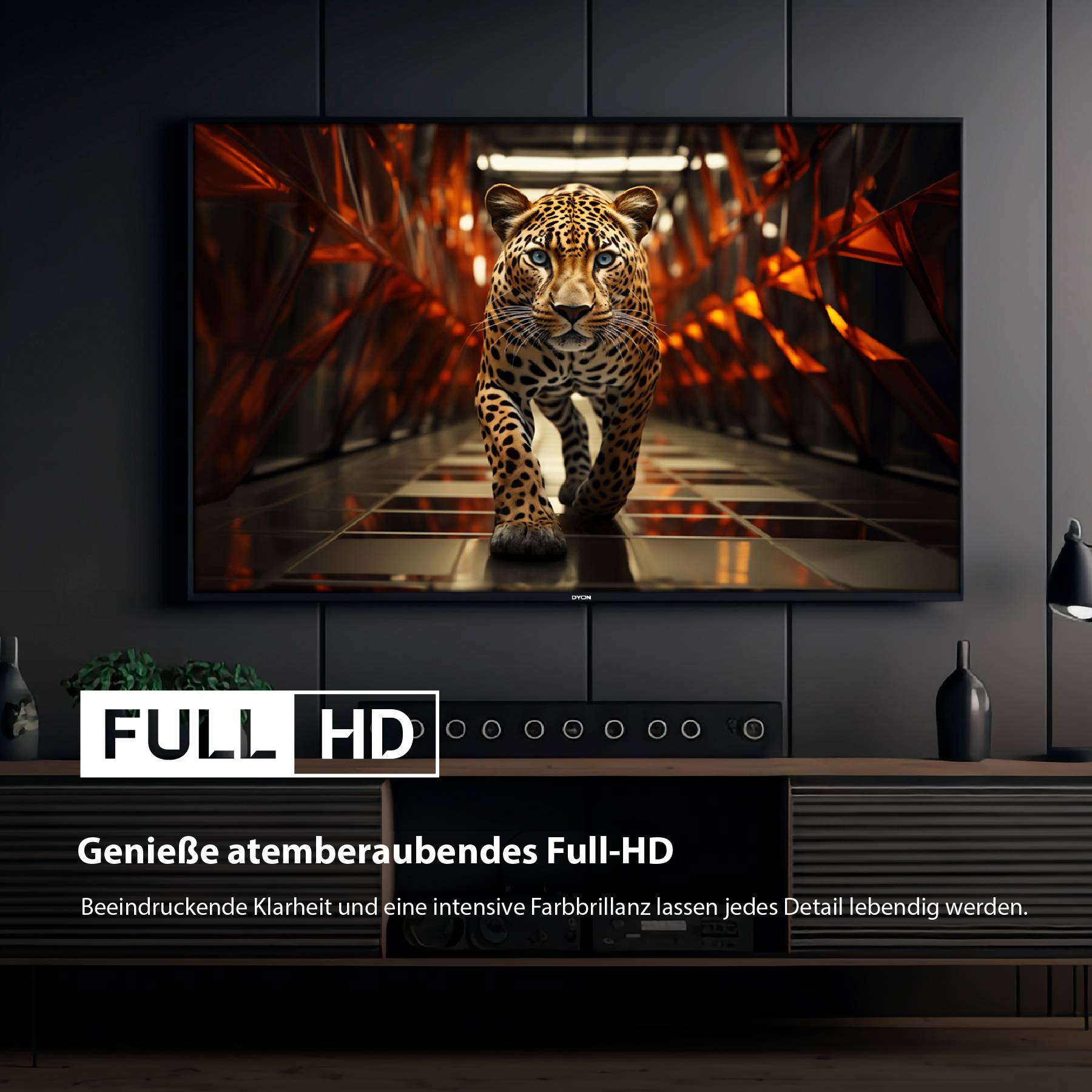 Leopard na obrazovce běží v červeno-černé chodbě. Text: 'FULL HD'. Pod tím: 'Ohromující ostrost a intenzivní barevný zážitek'.