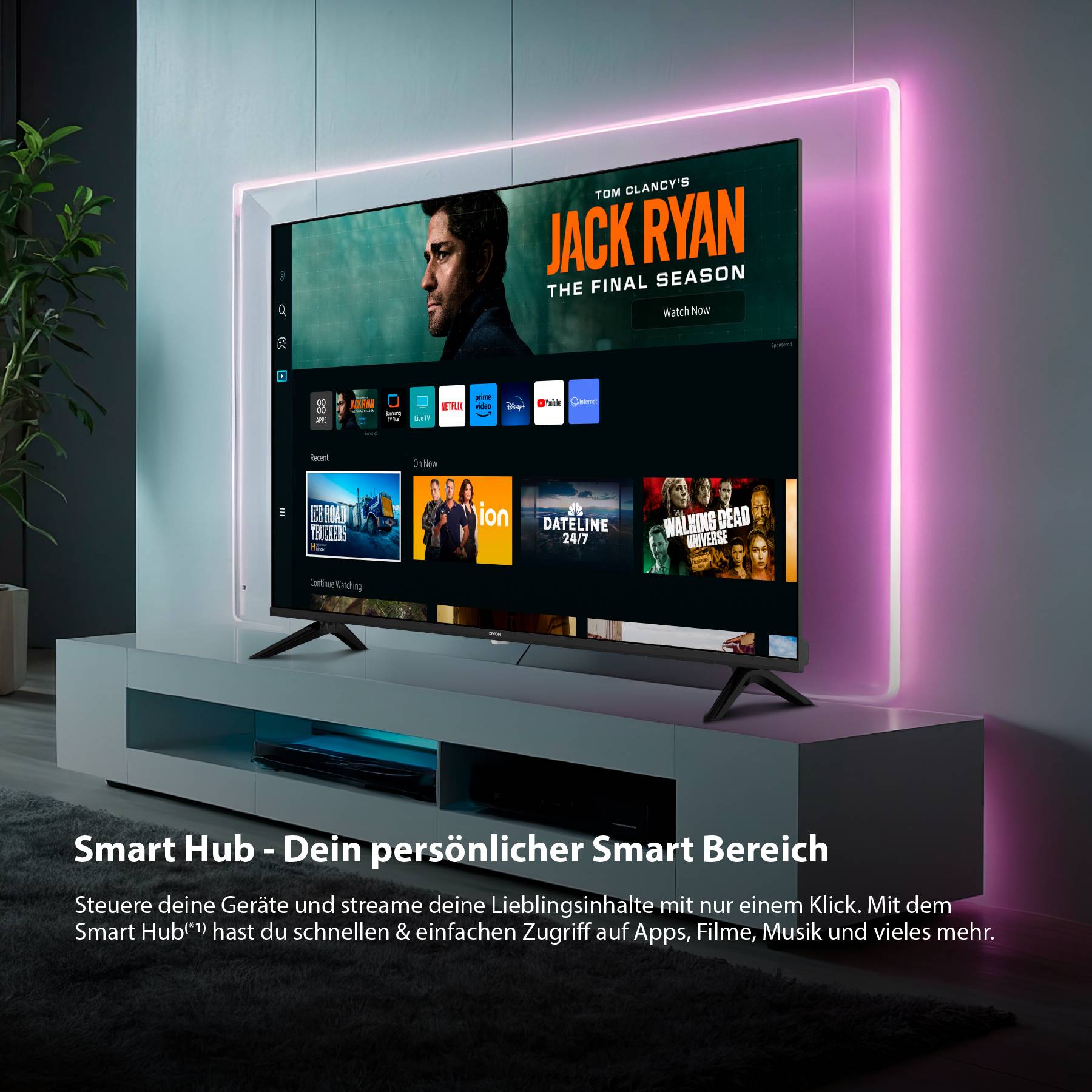 Chytrý TV zobrazuje streamovací služby a reklamu na 'Jack Ryan - Poslední série'. Text dole: 'Ovládejte své zařízení a oblíbený obsah jediným kliknutím.'