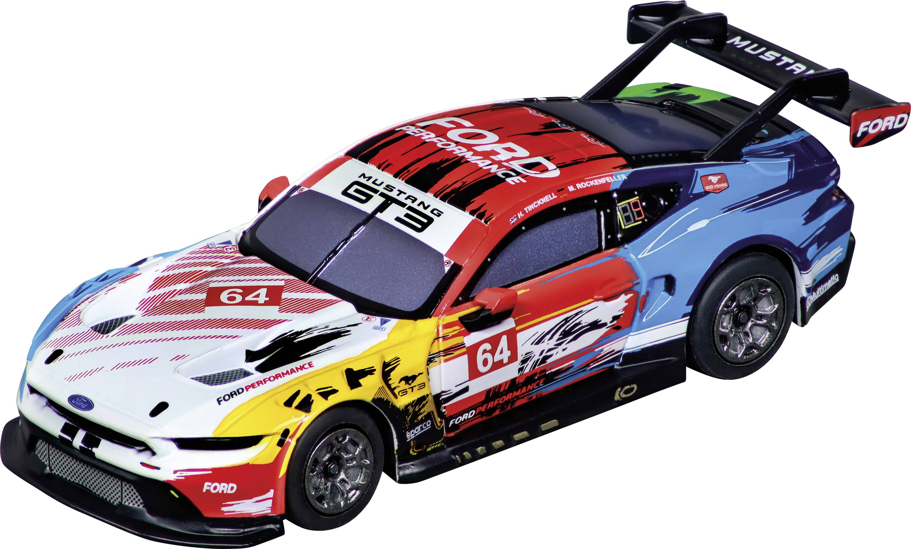 Barevný modelový závodní vůz s logem 'Ford', označený číslem '64', s velkým zadním křídlem a několika logy sponzorů.