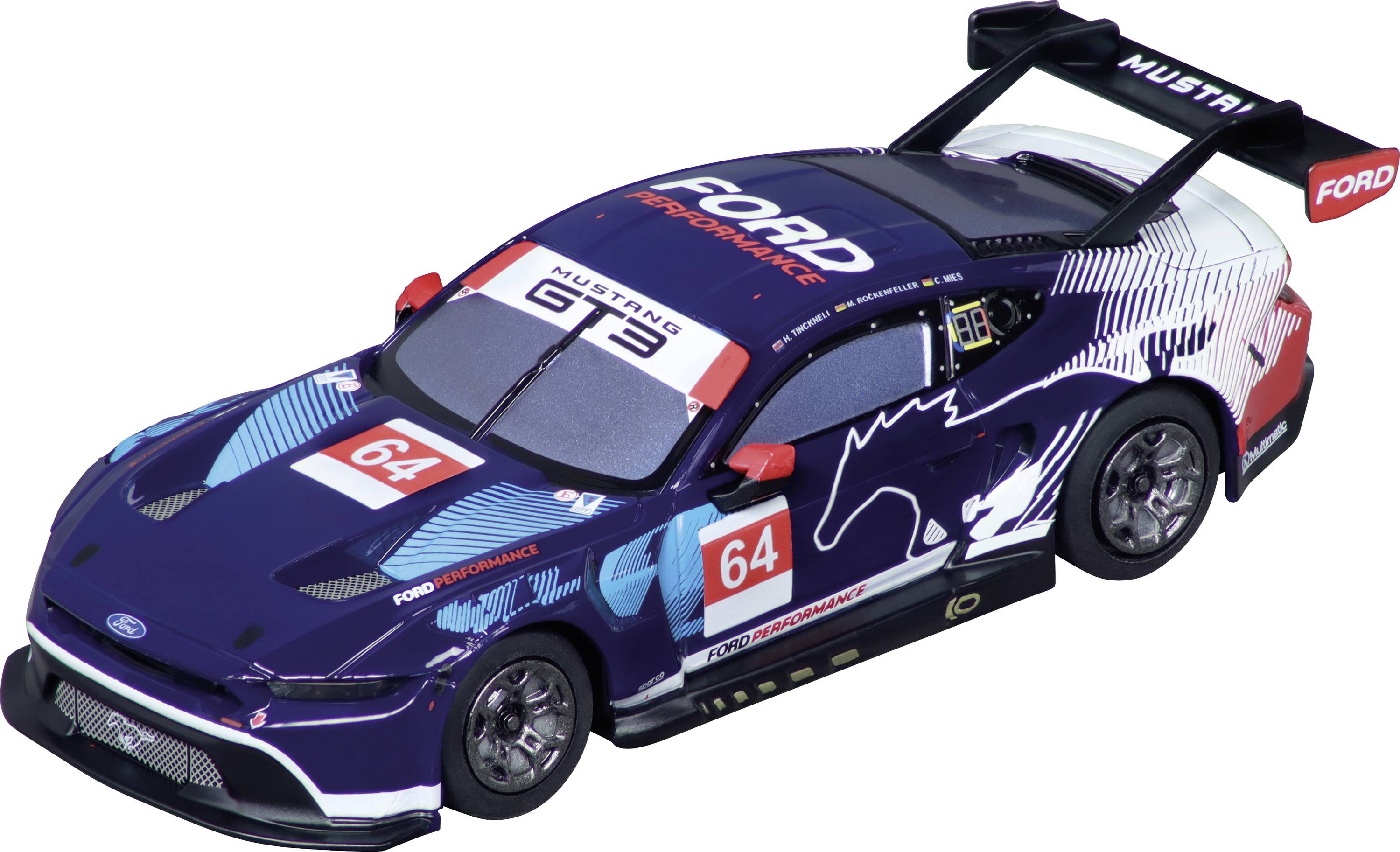 Závodní automobil s logem 'Ford Performance', s číslem 64. Stylizovaný v modro-bílo-červené grafice; výrazné zadní křídlo.