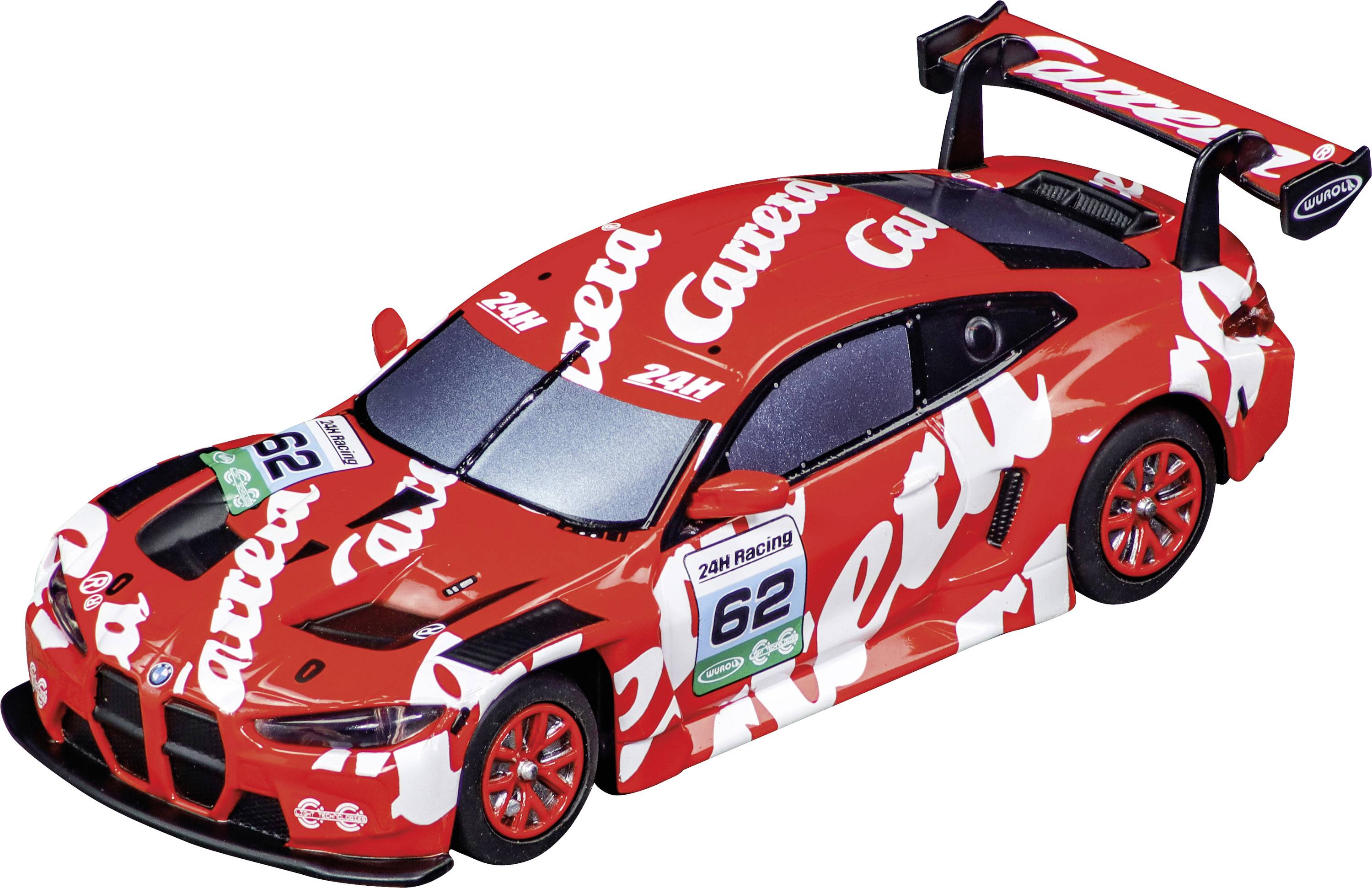 Červený závodní vůz s reklamou 'Carrera', číslo 62, velké zadní křídlo, elegantní design.