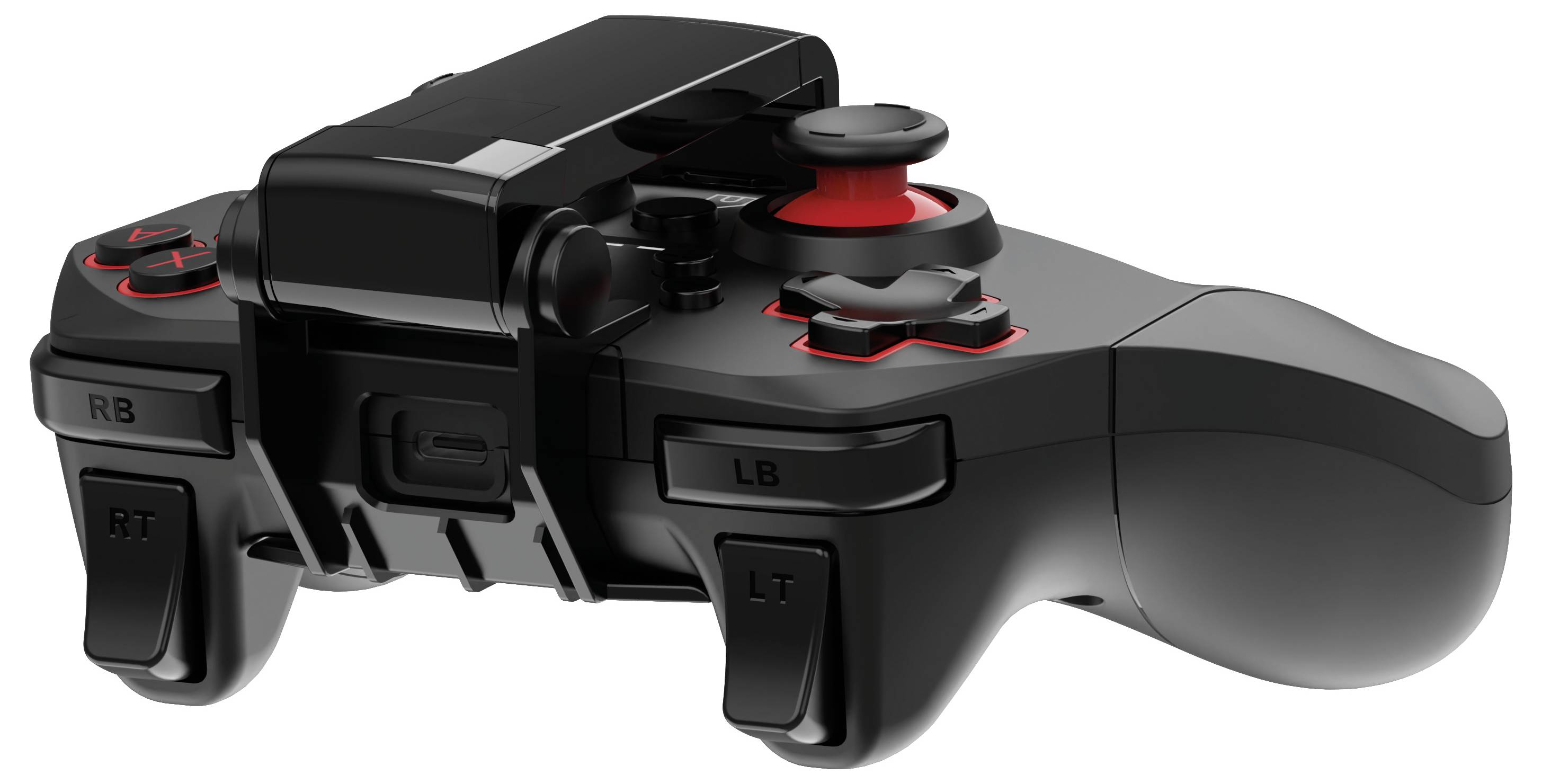 Černý a červený herní ovladač s joystickem a tlačítky, navržený pro herní konzole. Ovladač je nakloněný, čímž ukazuje svůj ergonomický design.