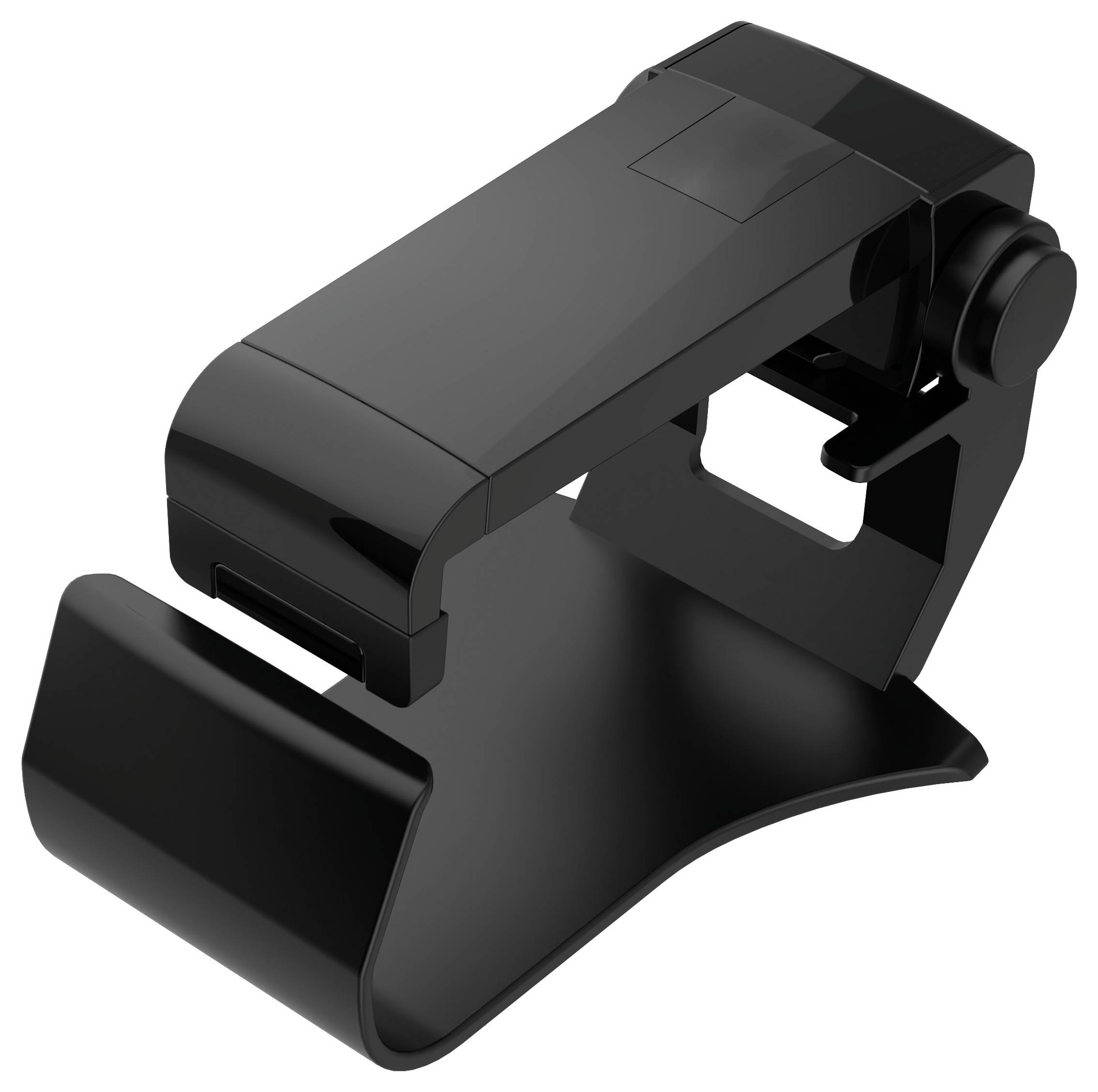 Černý plastový nástěnný háček s prohnutým designem, vybavený nastavitelným upínacím mechanismem na zadní straně pro upevnění na různé povrchy.