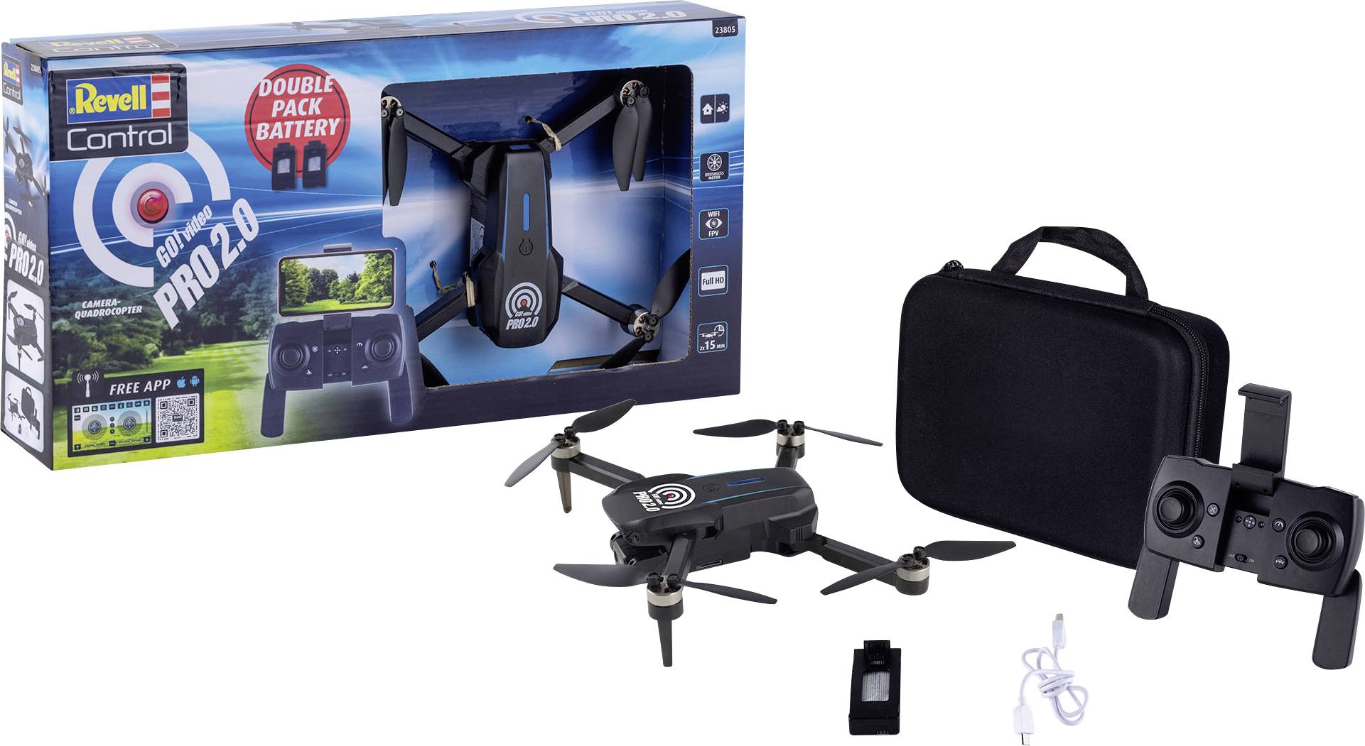 Balení a obsah dronu 'Revell Control Go! Video Pro 2.0', včetně dronu, dálkového ovladače, baterie, nabíječe a přepravního kufříku.