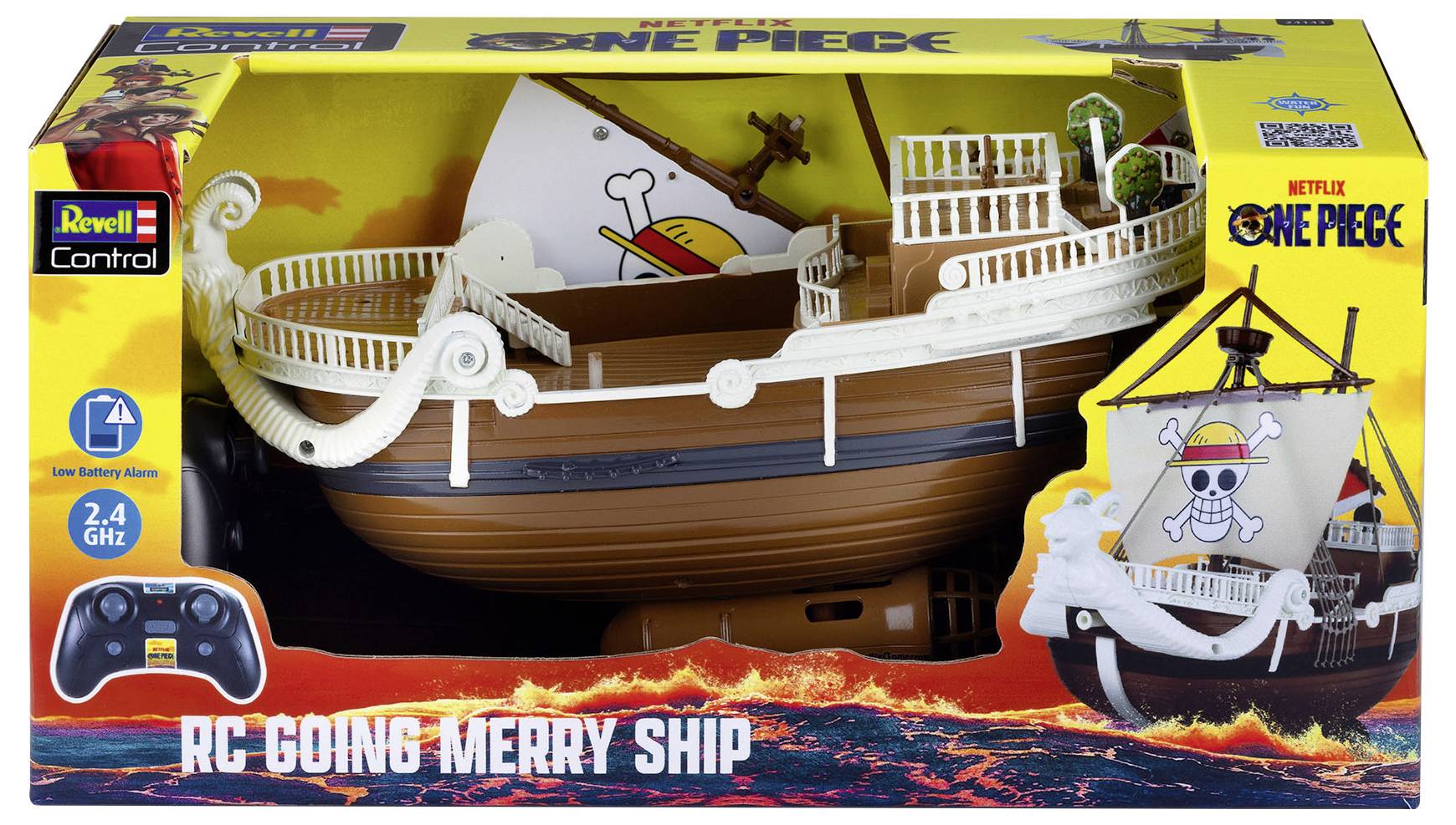 Krabice obsahující 'RC Going Merry Ship' z 'One Piece'. Obal ukazuje model lodě na dálkové ovládání s pirátnými grafickými motivy.