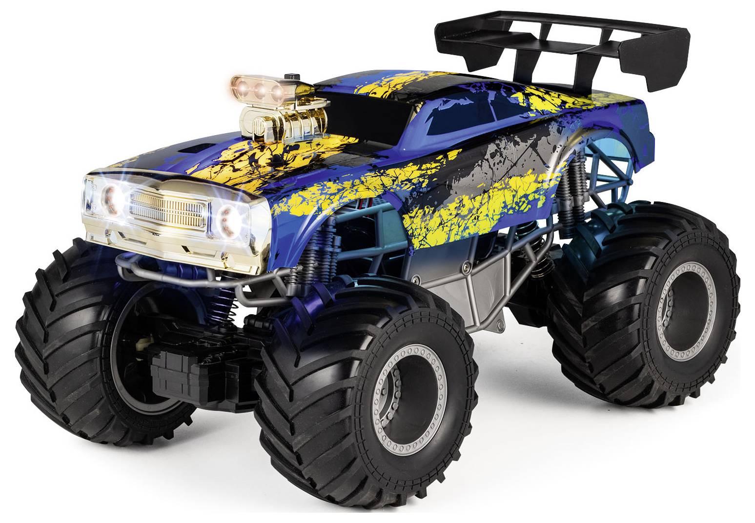 Terénní monster truck ovládaný na dálku s velkými pneumatikami a barevným modro-žlutým lakem, vybavený výrazným zadním křídlem.