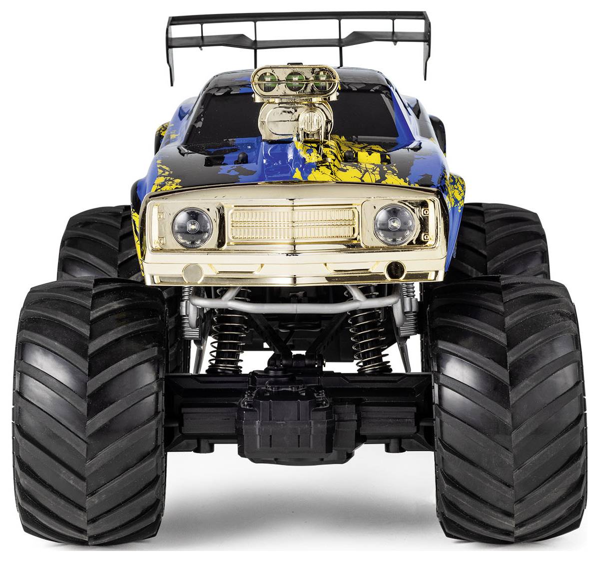 Modře a žlutě zbarvený monster truck s obrovskými pneumatikami a výrazným detailem motoru, pohled zepředu, který ukazuje jeho drsný design.