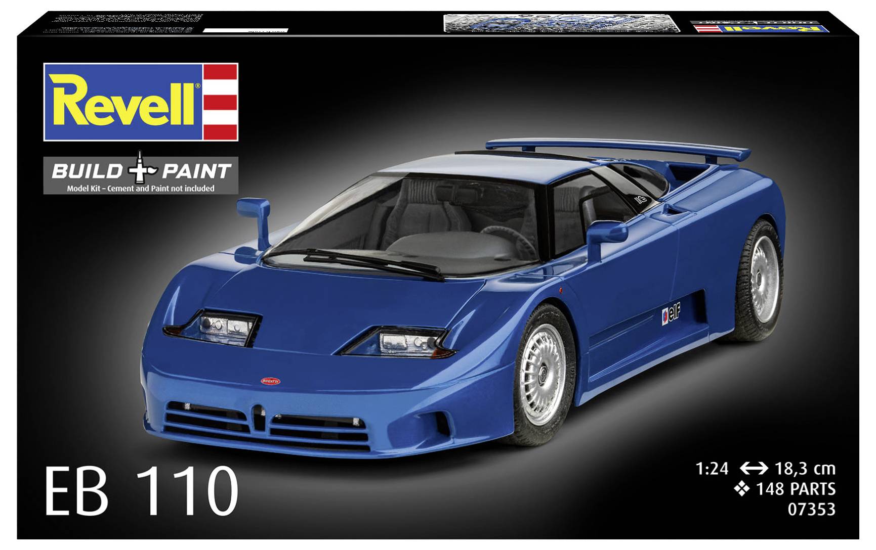 Modelová sada Revell EB 110 s krabicí znázorňující modré sportovní auto s parametry: měřítko 1:24, délka 18,3 cm, 148 dílů.