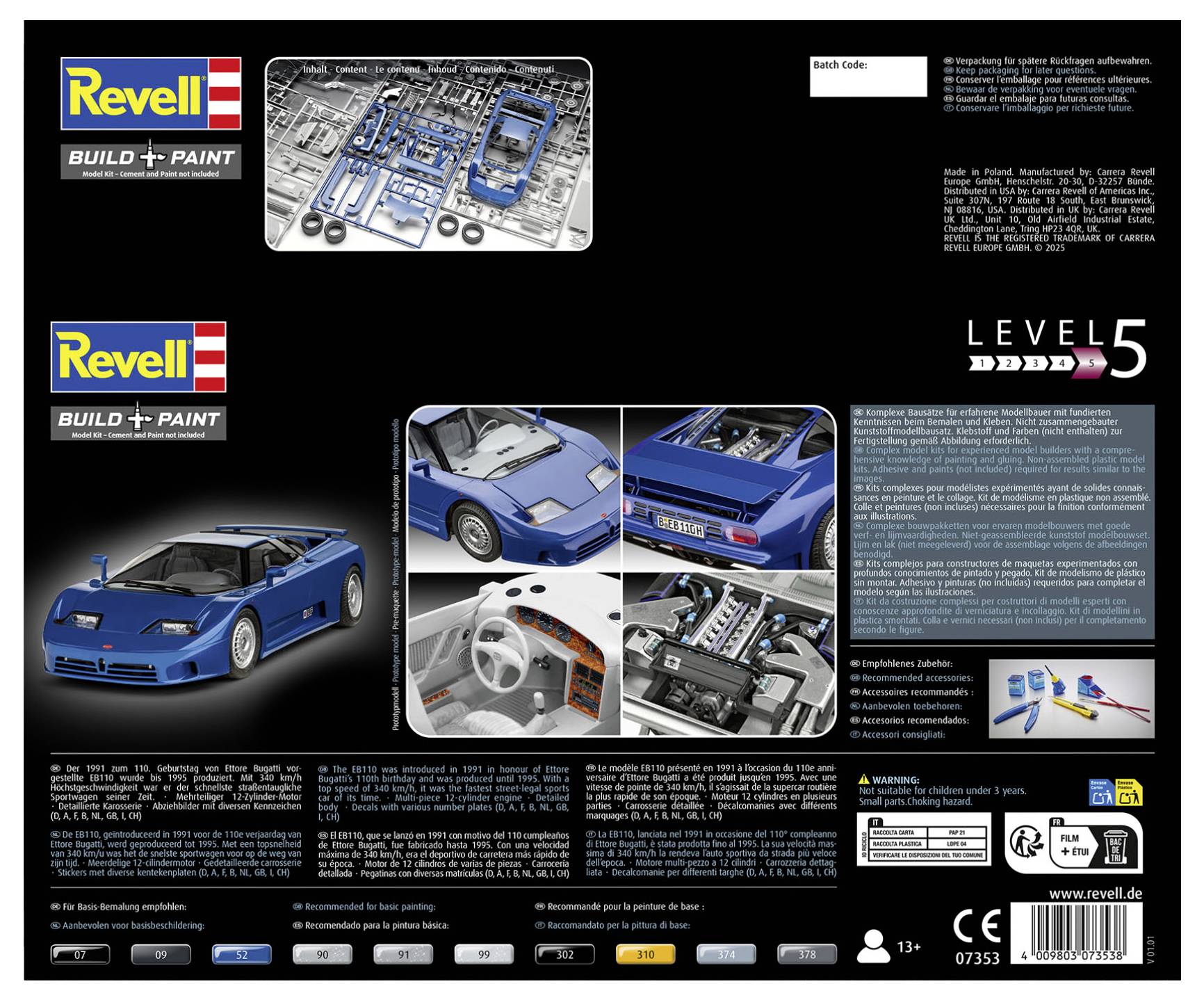 "Revell Stavba & Lakování" sada pro modelování automobilu s modrým sportovním vozem, detaily interiéru, montážním návodem a možnostmi lakování.