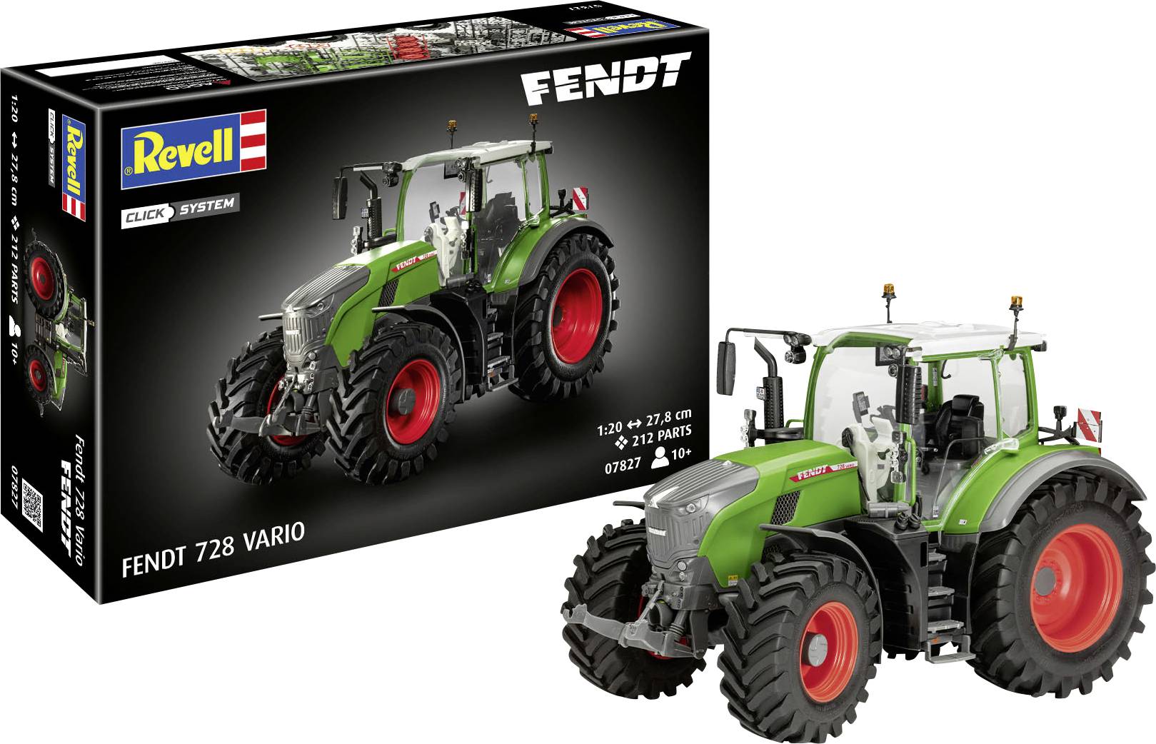 Model kit box s detailním zeleným a černým traktorem s velkými červenými koly. Box zobrazuje 'Revell' a 'Fendt 728 Vario'.