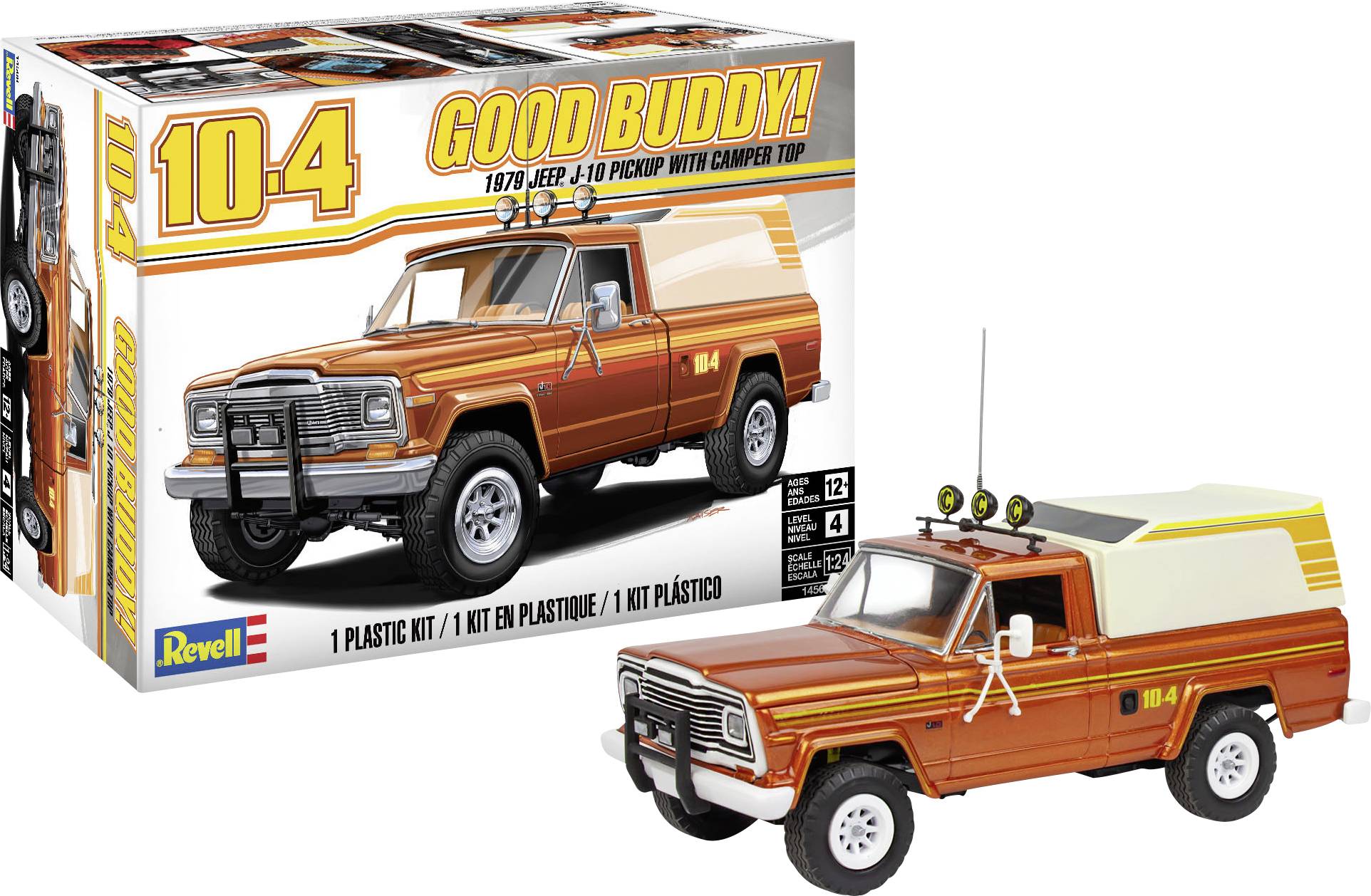 Modelová sada vozu Jeep pickup z 70. let se stanem v oranžové a žluté barvě. Obsahuje obrázek sestaveného modelu.