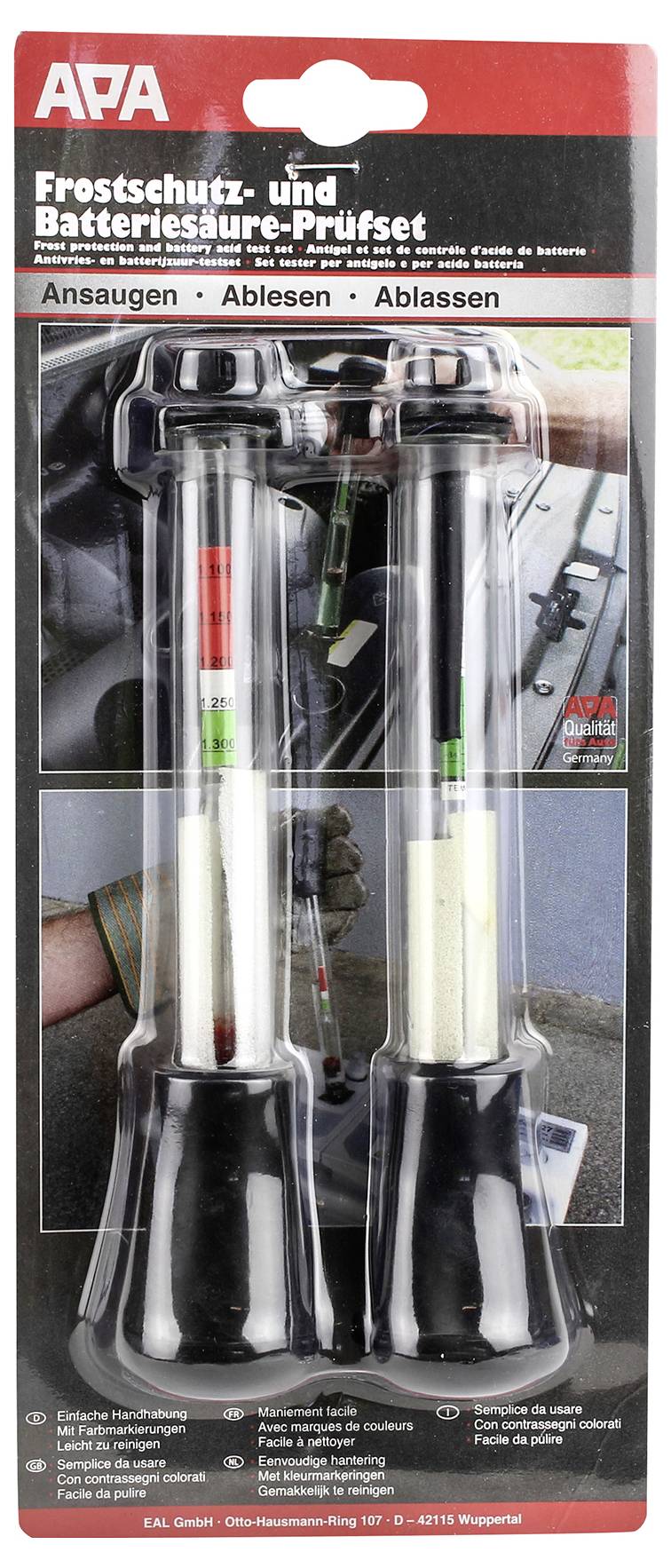 Sada "Frostschutz- und Batteriesäure-Prüfset" obsahuje nástroje pro testování hladiny nemrznoucí kapaliny a kyseliny v baterii.