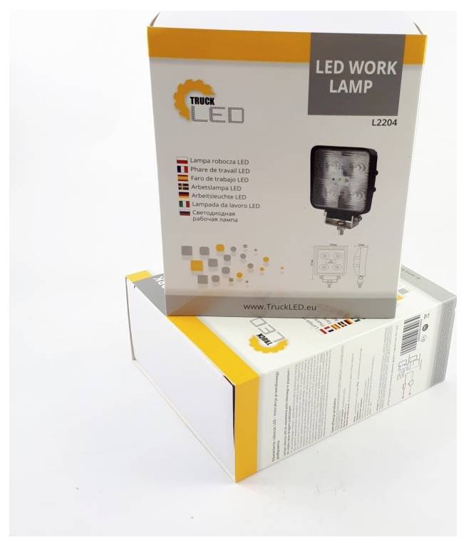 Krabice 'LED pracovní lampy' s vícejazyčnými popisy a diagramem. Hlavní strana krabice zobrazuje obrázek výrobku, boční strana obsahuje technické specifikace.