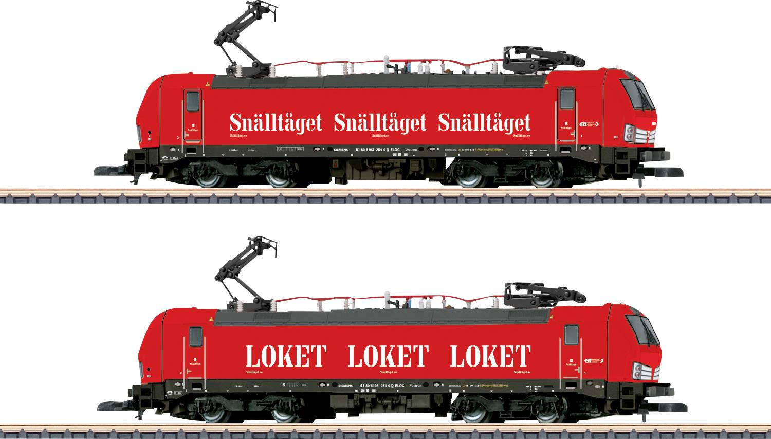 Červený model lokomotivy 'Snälltåget' na horní koleji a červený model lokomotivy 'Loket' na spodní koleji, obě umístěné na železniční trati.
