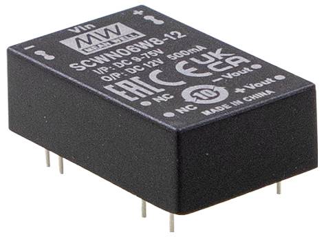 Obdélníkový elektronický komponent s označením 'SCWN06W8-12', vstup: DC 6-75V, výstup: DC 12V, 500mA. Obsahuje regulační symboly.