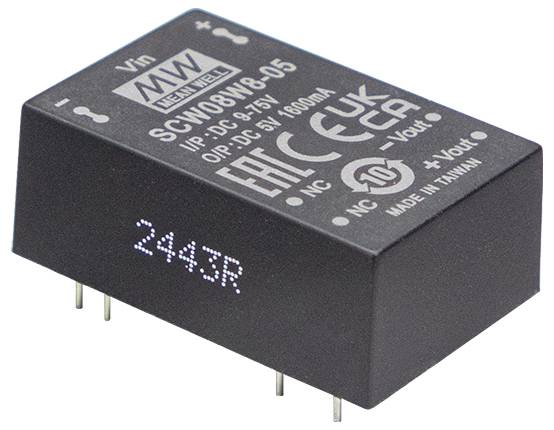 Černá elektronická komponenta s několika piny, označená 'MEAN WELL SCW08W05', s vyznačenými specifikacemi napětí a proudu.