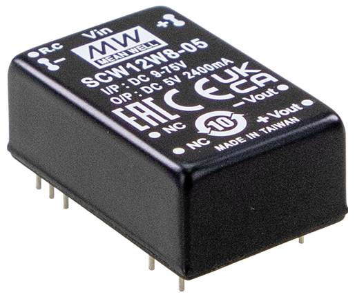 Napájecí modul 'MEAN WELL' SCW12W8-05; vstup: DC 9-75V, výstup: DC 5V, 2400mA; černé pouzdro s elektrickými kontakty, certifikační loga.