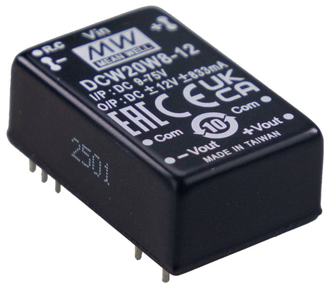 Obdélníkový DC-DC měnič se vstupem DC 8-75V a výstupem DC 12V, 0,833A. Zařízení vyrobené na Tchaj-wanu má několik pinů.
