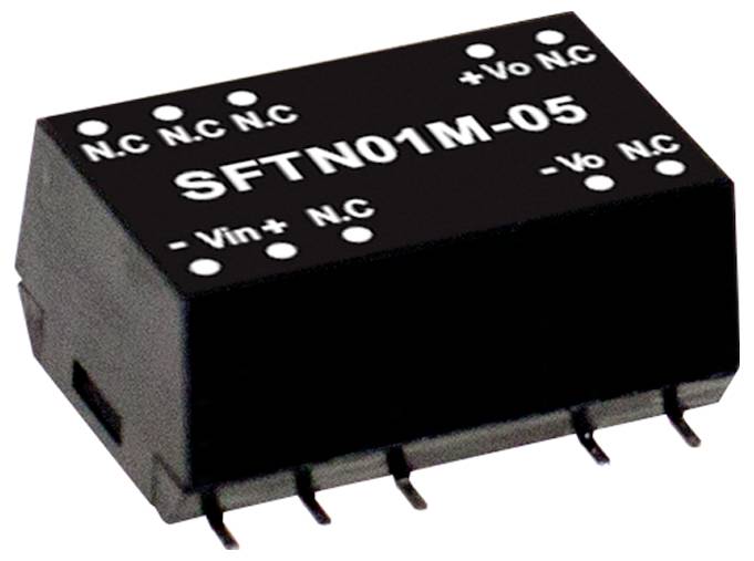 Černá elektronická součástka označená štítkem 'SFTN01M-05' s vývody pro '+Vo', '-Vo', '+Vin', '-Vin' a několik svorek 'N.C' (nezapojeno).