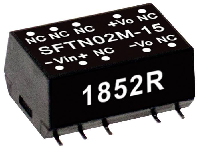 Černá obdélníková elektronická součástka označená SFTN02M-15 s vývody, označená +Vo, -Vo a dalšími spojeními jako NC, 1852R.