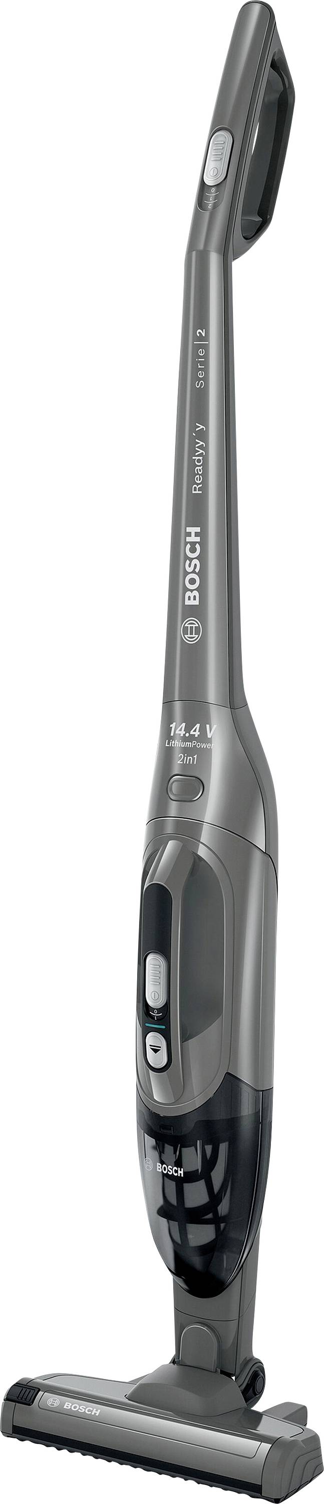 Elegantní, vzpřímený bezdrátový vysavač v šedé barvě, značky 'Bosch Athlet', s ergonomickou rukojetí a kompaktním designem.