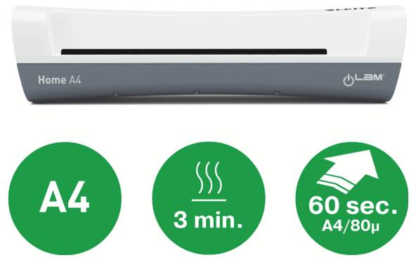 Čelní pohled na laminátor označený 'Home A4', s ikonami níže zobrazujícími vlastnosti: vhodný pro papíry formátu A4, zahřívání za 3 minuty, laminování za 60 sekund.