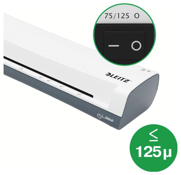 Elektrický laminátor s vypínačem a nastavením tloušťky fólie '75/125'. Má branding a symbol označující ≤125μ.