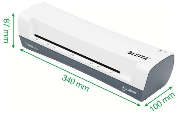 Bílý a šedý papírový laminátor s rozměry: 349 mm (délka), 87 mm (výška) a 100 mm (šířka), označený štítky 'Home A4' a 'Leitz'.