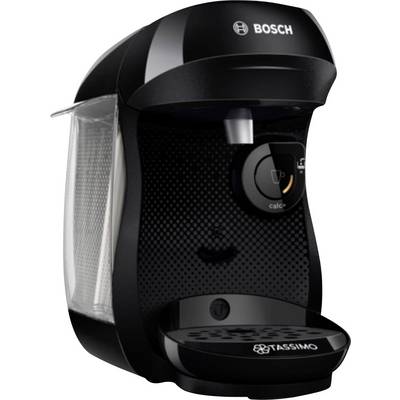 Černý kávovar Bosch Tassimo s kompaktním designem, vybavený výrazným otočným ovladačem pro výběr nápoje a odkapávací miskou umístěnou níže.