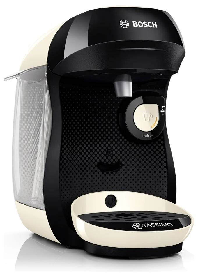 Černobílý kávovar Bosch Tassimo s indikátorem vodního kamene a nádržkou na vodu, určený pro přípravu nápojů na jedno použití.
