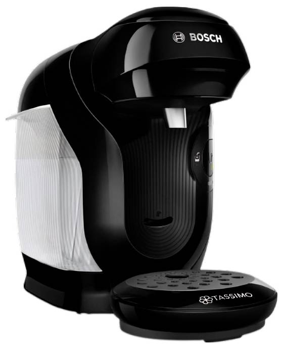 Černý kávovar Bosch Tassimo s elegantním designem, vybavený nádržkou na vodu a stojanem na šálky, vhodný pro přípravu různých druhů kávových nápojů.