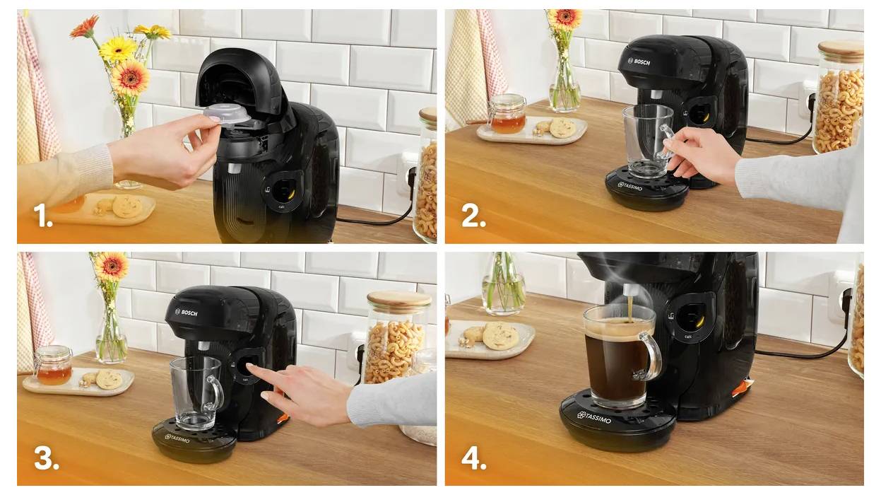 Čtyři kroky přípravy kávy v černém kávovaru: 1. Vložte kapsli. 2. Umístěte šálek pod výtokový otvor. 3. Stiskněte tlačítko pro spuštění. 4. Káva se nalije do šálku.