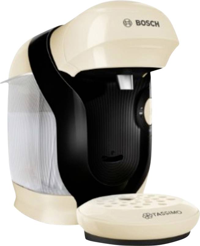 Kávovar Bosch Tassimo s černým předním panelem a krémovými bočními stranami, vybavený držákem kapslí a odkapávací miskou pro přípravu nápojů.