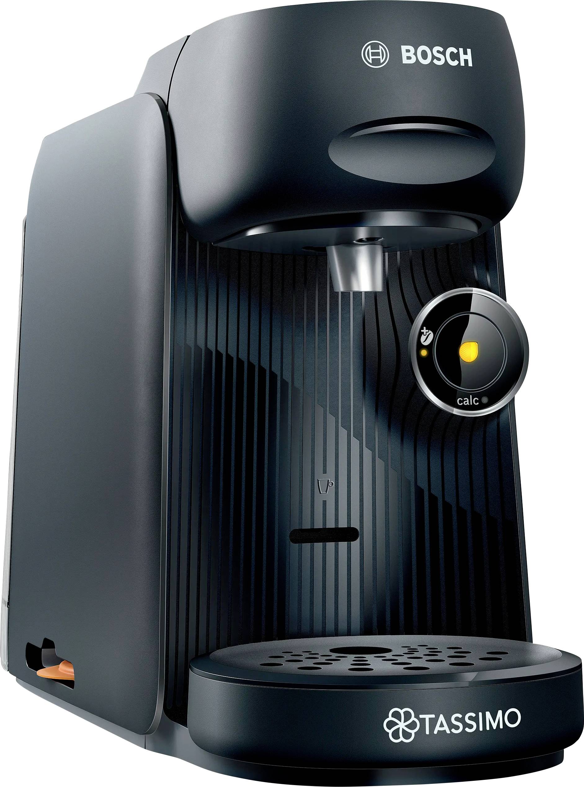 Kávovar 'Bosch Tassimo' s kompaktním, moderním designem, vybavený jedním výtokovým spotem pro přípravu kávy a ovládacím tlačítkem.