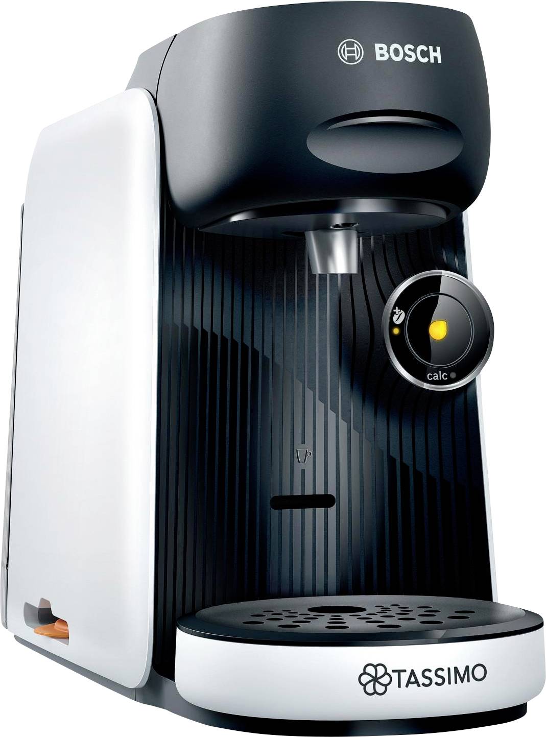 Kávovací přístroj Bosch Tassimo pro přípravu jedné porce kávy s elegantním černobílým designem. Na přední straně je umístěno logo Bosch a zásobník na kávové kapsle.
