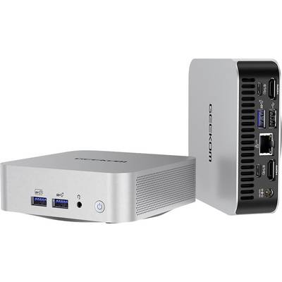 Dva kompaktní stříbrné mini počítače s několika porty včetně USB, HDMI a Ethernetu, vhodné pro kancelářské i domácí použití.