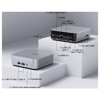Dva mini počítače na podstavcích označené porty. Horní počítač zobrazuje USB-C, RJ45 a čtečku SD karet. Spodní počítač zvýrazňuje USB-A, HDMI a napájecí tlačítko.