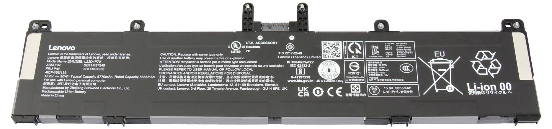 Lithium-iontová baterie do notebooku s logem Lenovo, různými technickými specifikacemi a symboly pro recyklaci zobrazenými na štítku.