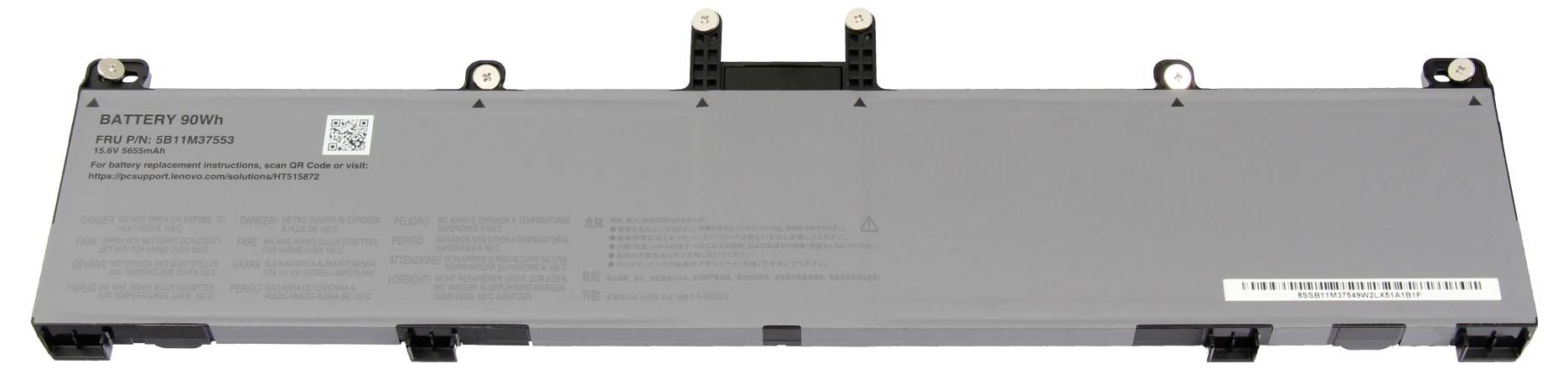 Šedý laptop baterie s několika konektory, označený štítkem „BATERIE 80Wh" s dalšími vytištěnými detaily.