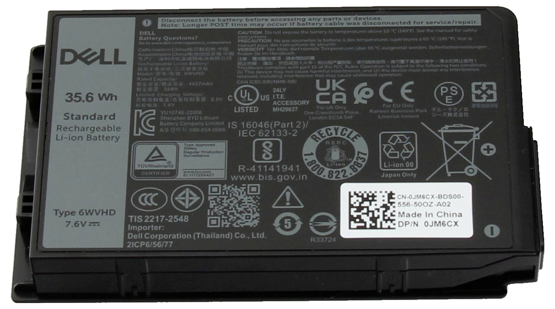 Dobíjecí lithium-iontová baterie Dell, 35,6 Wh, 7,6 V, model 6WVH s certifikačními logy a regulačními informacemi