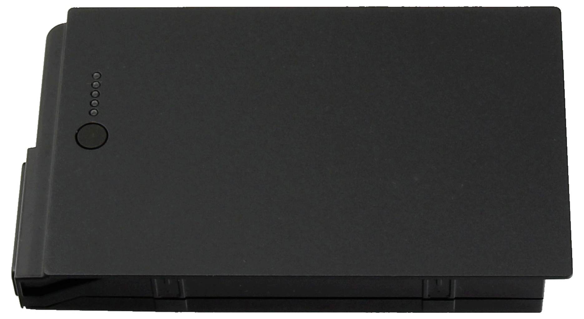 Černá notebook baterie zobrazující pět indikačních světel a kruhové tlačítko, typické pro přenosné zdroje napájení počítačů.