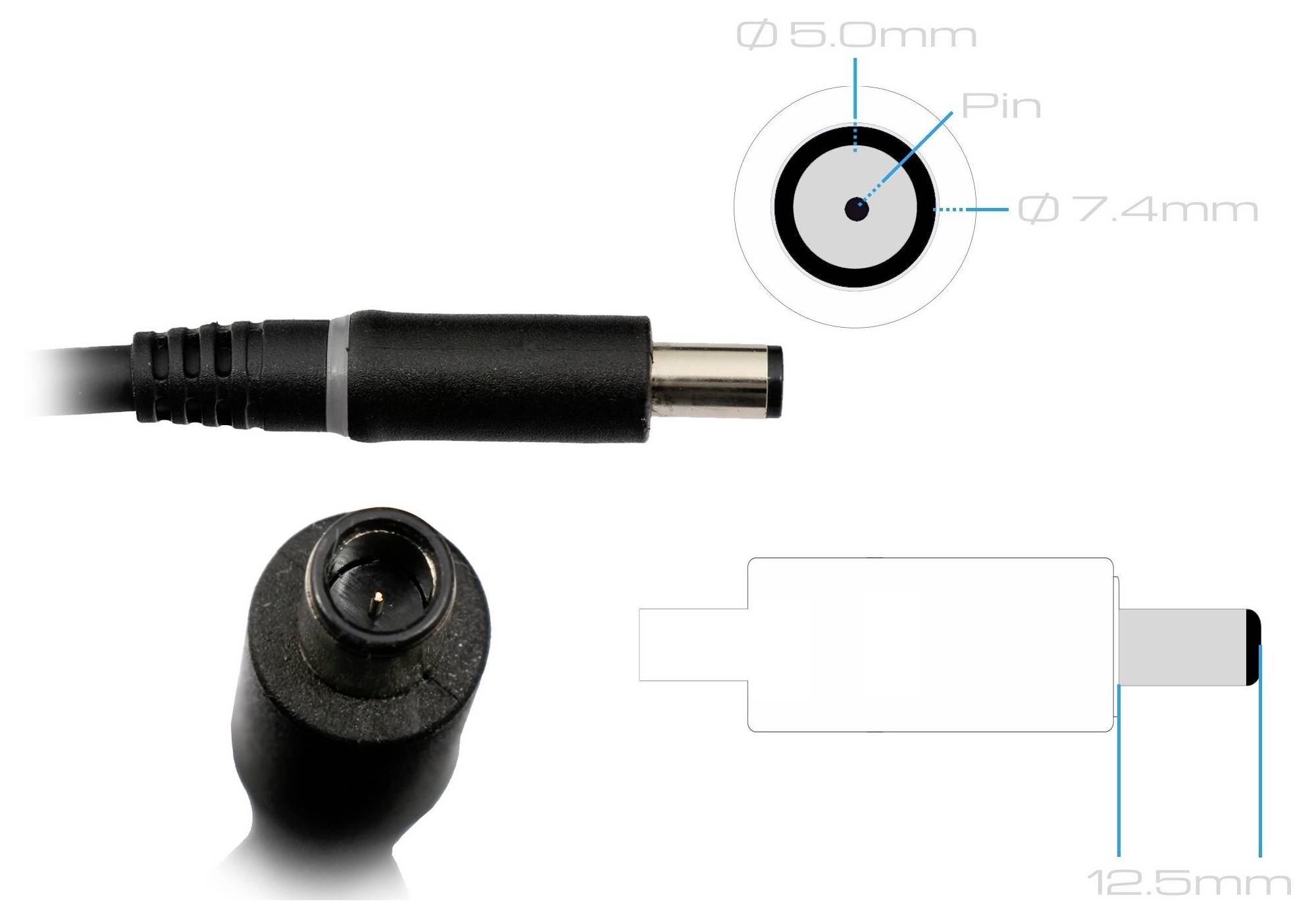 Obrázek znázorňující napájecí konektor s rozměry: vnitřní průměr kolíku 5,0 mm, vnější průměr 7,4 mm, celková délka konektoru 12,5 mm.